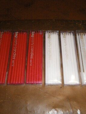 5 Tag Party Candles Sets of 12 - Red & White 6” Tall + Half Pack